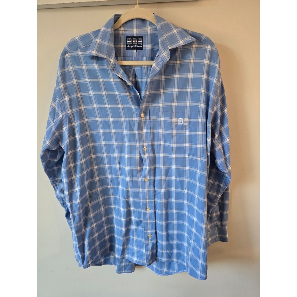 Serge Blanco Mens Blue White Plaid Long Sleeve Button Down Shirt Size M